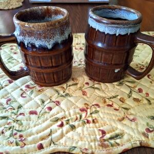 Vintage Glossy Drip Brown Barrel Mugs Set Of 2